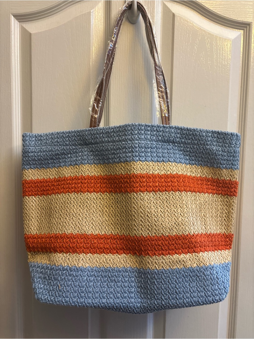 Miu Blue & Cream Striped raffia Straw Tote Bag beach sun nwot - Picture 2 of 7